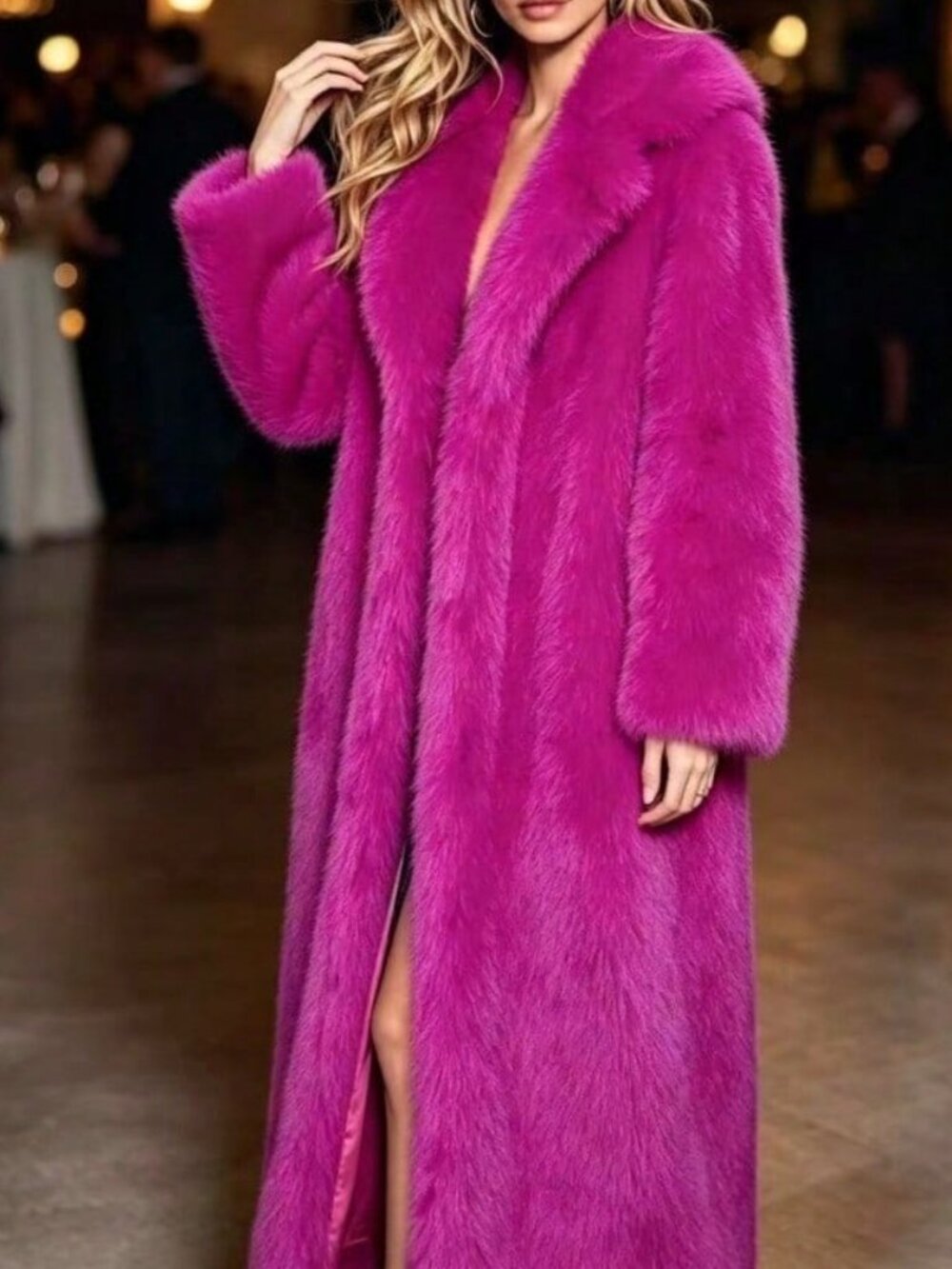 Hot Pink Casual Women's Faux Fur Oversized Sleeve Coat Jacket